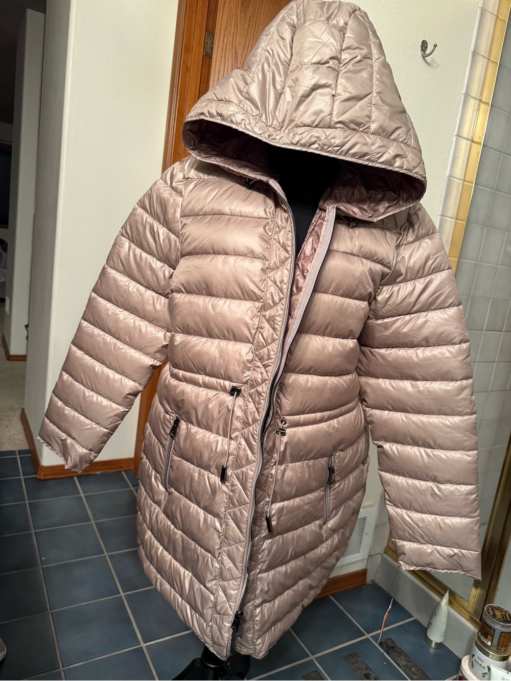 Kenneth Cole Hooded Long Puffer Coat in Light Taupe